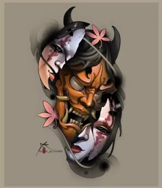 Japanese Oni Mask, Bio Organic Tattoo, Geisha Tattoo, Chicano Style Tattoo