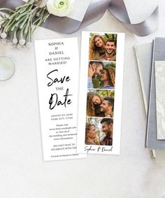 the save the date card is next to some flowers and an envelope with two photos on it