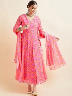 Bandhani Printed V-Neck Anarkali Ethnic Maxi Dress With Dupatta (Copy) VitansEthnics Anarkali Dress With Dupatta, Dress With Dupatta, Ethnic Kurti, Pink Dupatta, Purple Bottom, Anarkali Lehenga, Modest Evening Dress, Indo Western Dress, Wedding Jumpsuit