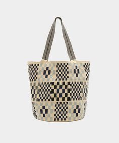 Guanabana’s spin on the classic tote bag. It’s woven with a slightly loose stitch that makes it lightweight and easy to sling over your shoulder; the eye-catching, blue checker pattern adds an artistic touch. Our take on when to use it: its round bottom and bucket bag-style shape make it perfect for uni or work, but you can also throw in a towel for a trip to the beach or pack up your essentials for a weekend away. This Tote is hand-crocheted by Wayuu artisans in Colombia in a time-intensive pro Bucket Bag Style, Square Shoes, Classic Tote Bag, Boho Chic Design, Checker Pattern, Square Jewelry, Linen Tshirts, Sneaker Dress Shoes, Linen Shop