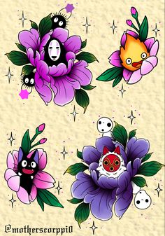 four different flowers with faces on them and stars in the sky behind them, one is purple