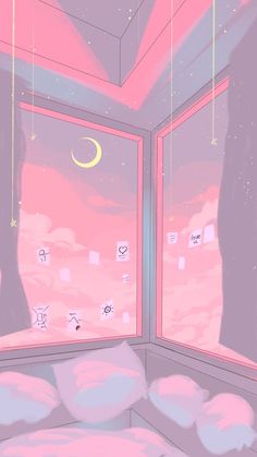 an illustration of a window with the moon and stars in it, as seen from inside