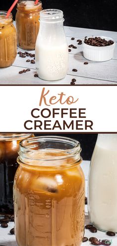 keto coffee creamer in bottle beside bowl of coffee beans Low Carb Coffee Creamer, Best Keto Coffee, Sugar Free Creamer, Keto Coffee Creamer, Gluten Free Coffee