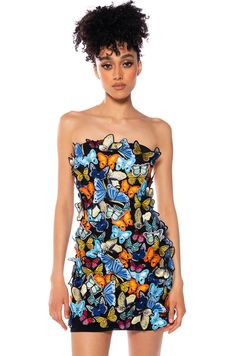 TAKE FLIGHT STRAPLESS BUTTERFLY PATCH MINI DRESS in multi Butterfly Dress Tulle, Butterfly Sherri Hill Dress, Short Tight Butterfly Dress, Glam Dresses Short Dona Matoshi, Butterfly Pearl Dress, Junk Couture Dresses, Summer 2023 Style, Spring Fling Dress, Butterfly Patch