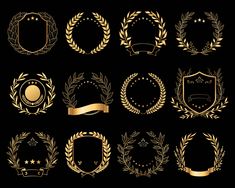 a set of golden laureled wreaths and labels with ribbons on black background illustration