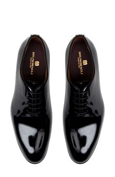 Wholecut construction emphasizes the minimalist profile of a tuxedo shoe crafted from Italian patent leather and styled to complement any formal look. Lace-up style Leather upper, lining and sole Made in Italy Formal Patent Leather Dress Shoes With Glossy Finish, Sleek Patent Leather Dress Shoes, Sleek Fitted Patent Leather Dress Shoes, Black Glossy Finish Dress Shoes With Plain Toe, Black Glossy Finish Plain Toe Dress Shoes, Luxury Patent Leather Oxfords For Formal Occasions, Luxury Patent Leather Oxfords For Business, Luxury Patent Leather Business Oxfords, Elegant Patent Leather Oxfords With Glossy Finish