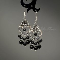 "These cute chandelier earrings are made of czech glass beads, 925 sterling silver ear wire and tibetan silver charms. Length approx. 55mm (2 1/8\")  Width approx. 22mm (7/8\")" Cute Chandelier, Expensive Earrings, Carnelian Earrings, Earring Cards, Earrings Cute, Black Chandelier, Earrings Long, Black Earrings, Beautiful Gift Boxes