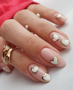 62. Gold and White Heart Nails Looking for a pretty and elegant nail art design? All the nail art ideas and inspiration you could need. We have a... Nontraditional Valentines Nails, Finger Makeup, Finger Art, Nails 2022, Nails 2023, Nails Pink