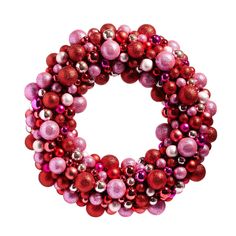 a red and pink christmas ornament wreath on a white background with space for the letter o