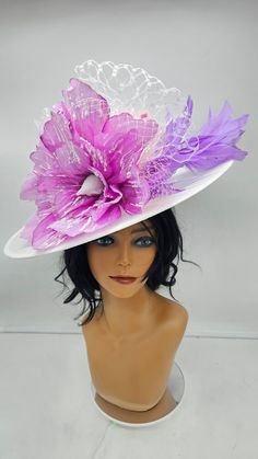 Beautiful and classy Fascinator for any occasion, weddings, photoshoot, Bridal shower, baptism and more..  For adults and kids. Just reach. - Rare find - Ready to ship  - Lightweight - Free Shipping - Fast shipping - Customize by adding different color flowers and or feathers Check my store for for styles and colors.  Hatsandpearls.etsy.com Find more at my website for more styles: www.hatsandpearls.com  Reach out to me if you can't find what you are looking for.  I can make cake custom orders and help you style and match your outfit  Tag and share your pictures when you wear and style our hats.  Instagram: @hats_pearls Facebook: Hats Pearls Thank you for visiting! Luxury Lavender Wedding Hat, White Hat For Kentucky Derby, Mother Of The Bride, Purple Mini Hats For Summer Church Events, Purple Mini Hats For Church In Summer, Purple Mini Hats For Summer Church, Summer Purple Mini Hats For Church, Purple Brimmed Top Hat For Party, Spring Purple Brimmed Fascinator, Purple Mini Hat For Church In Spring