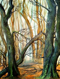 a painting of some trees in the woods