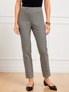 Our favorite wear-everywhere, Talbots Chatham Slim Ankle Pants in a timeless glen plaid pattern. This classic cut is always elegant, with its smoothing side zip closure. Features front and back welt pockets. Cotton bi-stretch fabric offers comfort and versatility. Features Slim Leg Hits At Waist Ankle Length Side zip closure Front and Back Welt Pockets Imported Fit: Misses: 29"; Petite: 26 1/2" Material: 54% Cotton, 37% Rayon, 9% Spandex Care: Machine Wash Cold; Only Non-Chlorine Bleach When Nee Elegant Plaid Pants For Business Casual, Elegant Plaid Business Casual Pants, Classic Plaid Pants For Workwear, Classic Plaid Pants For Business Casual, Classic Plaid Business Casual Pants, Classic Plaid Bottoms For Office, Classic Plaid Office Bottoms, Elegant Tailored Plaid Bottoms, Elegant Plaid Pants For Workwear