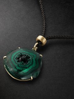 Jacquie Aiche carefully selects gemstones for their unique properties, the designer calls each piece of jewellery a "talisman of energy". This cord necklace is strung with a slice of malachite, a protective stone that's thought to clear negativity, in a gold prong setting. Jacquie Aiche, Chain Jewelry, Green Necklace, Cord Necklace, Mr Porter, Chains Jewelry, Men Necklace, Prong Setting, Dream Closet