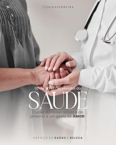 two people holding hands with the words saude written in spanish above them and an image of a doctor's stethoscope