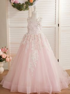 Pink Princess Ball Gown for Girls with Lace Appliqués Blushing Pink / 5T Product Code: 224785 Embellishment: Lace Fabric: Lace,Tulle,Satin Silhouette: Ball-Gown/Princess Neckline: Scoop Neck Sleeve: Sleeveless Hemline/Train: Court Train Pink Princess Ball Gown For First Communion, Princess Pageant Gown With Floral Applique, Pink First Communion Ball Gown Dress, Pink Ball Gown For First Communion, Princess Gown For Debutante Ball, Pink First Communion Ball Gown, Sleeveless Floral Applique Gown For Pageant, Floor-length Pink Ball Gown, Elegant Pink First Communion Dress For Pageant