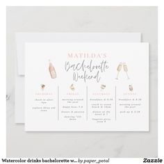 a white card with champagne glasses and wine bottles on it, which reads mattlday's bachelor weekend