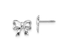 Rhodium over 14k white gold children's bow stud earrings with polished finish. Measures approximately 5/16"L x 3/16"W and have post and screw back closures. Formal Sterling Silver Jewelry With Screw Back, White Gold Earrings With Shiny Finish For Gift, Silver Screw Back Earrings, Sterling Silver Jewelry With Screw Back For Gift, Silver Sterling Silver Earrings With Screw Back, Silver 14k White Gold Earrings For Gift, Diamond Alternatives, Popular Jewelry, Mens Accessories Jewelry