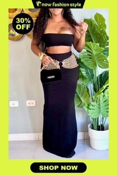 Black Backless Strapless Sleeveless Tube Crop Tops And Maxi Skirt Vacation Two Pieces Dress Sets Two Pieces Dress, Dress Sets, Sleeveless Suit, Two Piece Dress, Piece Dress, Wholesale Fashion, Skirt Length, Two Pieces, Set Dress