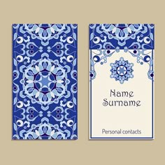 two business cards with blue and white designs