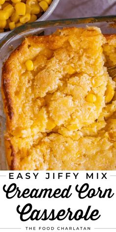 corn casserole in a baking dish with text overlay