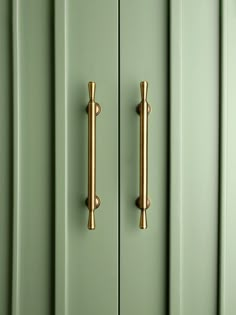 two brass handles are on the green cabinet doors