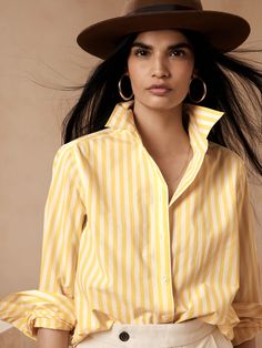 A mainstay in anyone's wardrobe, this classic shirt is cut with ease for a relaxed look and crafted from a cotton poplin that's specially washed for added softness.  Point collar.  Button front.  Shirttail hem.  Classic-Fit: Fitted shoulder relaxed t Yellow Button Up Shirt Outfit, Yellow Button Up Shirt, Yellow Striped Shirt, Preppy Fall, Preppy Chic, Preppy Girl, Yellow Stripes, Girl Falling