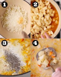 four pictures showing the steps to make an egg casserole with potatoes and carrots