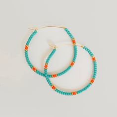 Rainbow, Sprinkles, Turquoise, Orange, Gold, Colorful, Beaded, Gold, Hoop Earrings Adjustable Turquoise Earrings With Large Beads, Handmade Turquoise Hoop Earrings For Beach, Beach Hoop Earrings With Tiny Beads, Handmade Red Hoop Earrings For Beach, Beach Jewelry Small Hoop With Colorful Beads, Vibrant Turquoise Jewelry For Summer, Green Beaded Hoop Earrings For Beach, Turquoise Earrings With Colorful Round Beads, Turquoise Bohemian Hoop Earrings For Beach