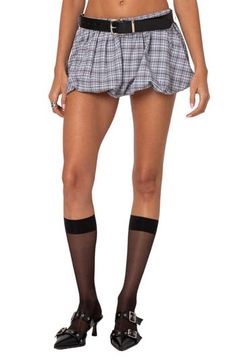 Take retro '90s style to the max with this ultrashort skort in crisp, classic plaid. Elastic waist Removable belt Lined 100% cotton Machine wash, dry flat Imported Fitted Casual Plaid Shorts, Fitted Plaid Casual Shorts, Trendy Fitted Plaid Shorts, Preppy Fitted Shorts For School, Preppy Short Bottoms For Fall, Preppy Short-length Bottoms For Fall, Preppy Short Length Bottoms For Fall, Preppy Black Cotton Bottoms, Plaid Cotton Mini Bottoms