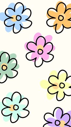 colorful flowers on a white background with black and yellow lines in the middle, all arranged in different colors