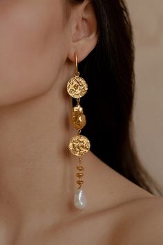 22kt gold plated dangler earrings with pearl drops. - Aza Fashions Gold Drop Earrings With Pearl Chain, Gold Long Drop Earrings With Pearl Charm, Gold Long Drop Pearl Earrings, Gold Bridal Earrings With Pearl Charm, Gold Teardrop Linear Earrings With Pearl Charm, Gold Single Long Drop Pearl Earring, Dangler Earrings, Jewellery Earrings, Dangling Earrings