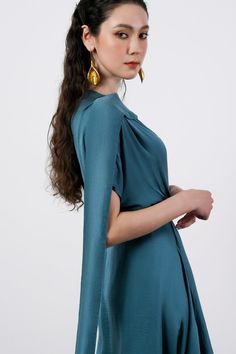 If you are looking for an elegant, elegant but equally luxurious and noble design, this will be an item you cannot ignore. *Note:Processing time takes 5-8 working days (NOT including shipping time). Product Details - Product type: Midi Dress- Material: Silk- V-neck - Long flap - Short sleeves - Asymmetric draped skirt - Back zipper- Length: 104-106cm Size & Fit - Model wears size: M- Model measurement: 172cm Care Instruction - Hand-washed products.- Do not soak the product.- Do not use chlorine Pre-draped Asymmetrical Midi Dress For Dinner, Elegant Draped Mini Dress For Evening, Elegant Draped Evening Mini Dress, Elegant Spring Evening Dress With Cape Sleeves, Chic Draped Midi Dress For Wedding Guest, Pre-draped Asymmetrical Evening Dress For Dinner, Asymmetrical Pre-draped Evening Dress For Dinner, Elegant Evening Dress With Asymmetrical Hem, Luxury Asymmetrical Evening Dress For Formal Occasions