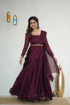 Hand embroidered Anarkali with embroidery  dupatta / wine color anarkali suit set / anarkali dupatta USA / crepe georgette dress with embroidered scallop dupatta / Indian dresses/ voggish / wine maxi dress with belt and dupatta          Looking for a perfect indian dress/anarkali/suit sets that are trendy, unique and easy to carry !! yess, You are at the right place. we carry such versatile pieces of anarkalis and suit sets that really let you stand out in any occassion !!      featuring this beautiful crepe georgette dress in wine color with hand embroidered at the front neck and body with full sleeves as shown paired with matching dupatta and belt with embroidery as shown !! A very classy, beautiful look makes your occasion Perfect !! Ready to ship !! can be customized in any color !! De Draped Anarkali Gown, Maroon Frocks For Women, Georgette Dress Indian, Plain Anarkali Dress Simple, Scallop Dupatta, Indian Dresses Anarkali, Wine Maxi Dress, Dress Anarkali, Anarkali Designs