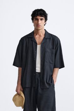 LINEN - VISCOSE SHIRT - Black | ZARA United States Collared Linen Camp Shirt With Pockets, Casual Modern Summer Shirt, Modern Unstructured Summer Shirt, Unstructured Camp Shirt For Summer Workwear, Unstructured Summer Camp Shirt For Work, Casual Rayon Collared Shirt, Summer Cotton Short Sleeve Shirt With Lapel Collar, Casual Collared Rayon Shirt, Linen Shirt With Johnny Collar And Pockets