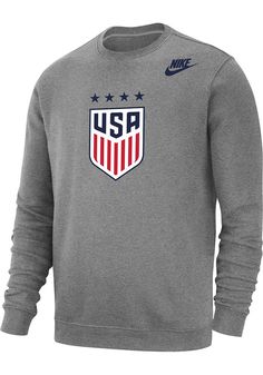 Head out in style with our Team USA Grey Crest Crew Sweatshirt! This Team USA Long Sleeve Sweatshirt features a midweight, fleece material with a crew neckline, ribbed hems and screen printed team graphics. You'll be warm, comfortable and stylish as you head to class, the game or just out on the town in this Team USA Shop Crew Sweatshirt. Soft cotton/poly blend, Crew neckline, Ribbing at neckline, wrist cuffs, and hemline, Unisex, Screen print of team graphic on front chest, Screen print of team Team-colored Sportswear Sweatshirt With Team Logo, Nike Team-colored Sweatshirt For Sports Events, Nike Team Spirit Sweatshirt With Team Logo, Nike Sweatshirt With Team Logo For Sports Season, Nike Sweatshirt With Team Logo For Sports Events, Nike Sporty Sweatshirt With Team Logo, Sporty Nike Sweatshirt With Team Logo, Nike Team Spirit Sweatshirt For Sports, Nike Sweatshirt With Team Logo For Sports