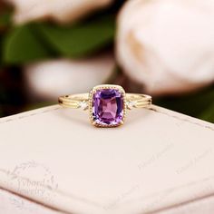 (Please confirm your US size when you make an order)========================================================================================Jewelry Details-Gold Type : 14k goldCenter Stone: NATURAL Amethyst 7*8mm, Approximately 2.15ctColor: 3AClarity: VSCut: Long Cushion Cut / 3EXSide Stone: 0.03cttw diamondColor: G-HClarity: SI1Cut: Round Cut / 3EXBand Width: Approximately 1.5mmSKU: YR0514========================================================================================~*-*~Purchase Guara Wedding Ring Art, Diamond Ring Vintage, Amethyst Engagement Ring, Long Cushion, Amethyst Ring Engagement, Art Deco Wedding Rings, Jewelry Details, Yellow Gold Wedding Ring, Natural Diamond Ring