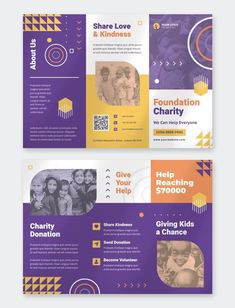 two fold brochure with purple and yellow colors on the front, one is for charity