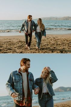 a man and woman walking on the beach with their hands in each other's pockets