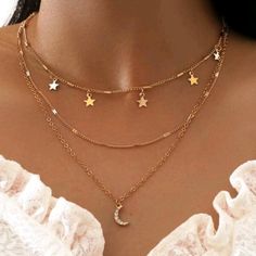 Gold-Tone One Piece Triple Layered Necklace Stars On Shortest Layer, Rhinestone Cresent Moon On Longest Layer Secured By Lobster Clasp Triple Layer Necklace, Pretty Jewelry Necklaces, Party Dresses Online, Jewelry Accessories Ideas, Layer Necklace, Neck Jewellery, Gold Moon, Jewelry Lookbook, Gold Necklace Layered