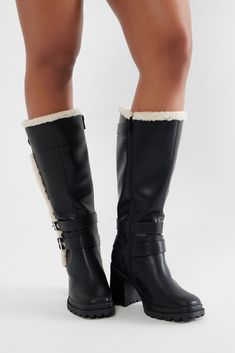 Available In Black And Beige. Knee High Heeled Boots Buckle Detail Sherpa Trim Square Toe Ultra High Block Heel Imported | Colt Buckle Boots in Black size 7.5 by Fashion Nova Lace Up Knee High Boots, Zip Up Boots, Knee Length Boots, High Heeled Boots, High Heel Boots Knee, Sweater Jumpsuit, Black And Beige, Buckle Boots, Black Zip Ups