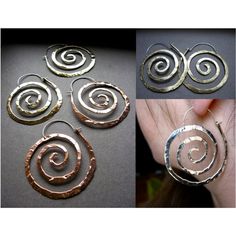 four different pictures of earrings with spiral designs on them, one in gold and the other in silver