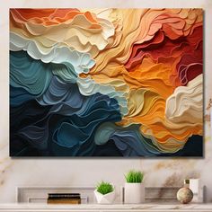 an abstract painting on the wall above a fireplace