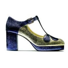 Gold And Navy, New In Box, Never Work. Blue Heels With Leather Sole For Evening, Blue Round Toe Heels For Galas, Orla Keily, Orla Kiely, Mary Jane Heels, Shoes Color, T Strap, Blue Gold, Shoes Women Heels