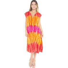 Step into summer with style and comfort with the LA LEELA Women's Hawaiian Beach Dress Swimsuit Cover Up. This vibrant orange, tie-dye design cover-up is your perfect companion for all beachside and poolside activities, offering both fashion and functionality.

- **Size**: Large-X-Large
- **Color**: Orange, Tie-Dye Design
- **Material**: Lightweight and breathable fabric
- **Gender**: Female
- **Features**:
  - Deep V Neck for a flattering look
  - Side Slit Design enhances mobility
  - Below Kn Orange V-neck Summer Beach Dress, Tropical V-neck Maxi Dress For The Beach, Orange V-neck Swimwear For Vacation, Summer Holiday V-neck Sundress, V-neck Sundress Style Cover-up For Beach Party, Tropical V-neck Sundress, Orange V-neck Maxi Dress For Beach, Orange V-neck Maxi Dress For Vacation, Multicolor V-neck Beach Dress For Vacation