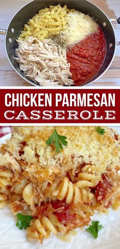 chicken parmesan casserole in a skillet with the words chicken parmesan casserole above it