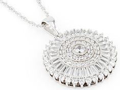 Bella Luce® white diamond simulant 6.02ctw round and tapered baguette, rhodium over sterling silver pendant with chain. Chain measures approximately 17.5-18"L x 0.06"W with 2" extenders and lobster claw clasp, pendant measures approximately 1.00"L x 1.00"W. The diamond equivalent weight is 3.64ctw. Silver Jewelry With Baguette Diamonds In Round Cut, Round Baguette Diamonds Jewelry For Gifts, Sterling Silver Jewelry With Baguette Diamonds Round Cut, White Baguette Diamond Pendant Jewelry, Diamond White Baguette Diamonds Jewelry, Silver Baguette Diamond Fine Jewelry, Silver Diamond Necklace With Round Baguette Diamonds, Fine Jewelry Silver Baguette Diamonds, Silver Fine Jewelry With Baguette Diamonds