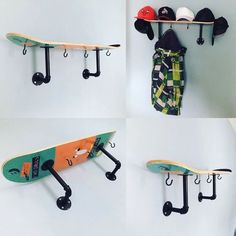 three pictures of a skateboard mounted to a wall with hooks and hats on it