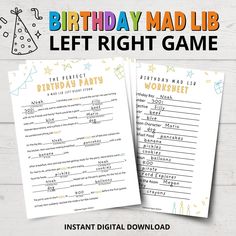 birthday mad lib left right game for kids to play on the computer and use