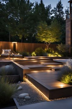 Modern backyard lighting featuring sleek LED fixtures and minimalist designs, creating a contemporary outdoor atmosphere. Modern Lighting Ideas, Designer Lighting, Outdoor Dining Area, Garden Patio