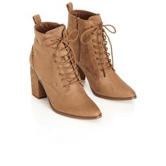 Opt for the gorgeous Calista Ankle Boot! Perfect for your off-duty styling, these boots flaunt faux suede fabrication, wooden block heels and a side zip closure for an easy, polished finish. Features Include: - Pointed toe - Front lace up closure - Faux-suede fabrication - Wooden block heel - Side zip closure - Contrast sole Coordinate with black pants and a cropped blazer!Bold and fiercely fashionable, no one does plus size fashion like City Chic. Loved around the globe for its diverse range of Ankle-high Boots With Wooden Heel For Fall, Fall Suede Heels With Wooden Heel, Brown Boots With Wooden Heel For Fall, Trendy Lace-up Boots With Stacked Block Heel, Brown Lace-up Heeled Boots With Stacked Heel, Suede Lace-up Boots With Stacked Heel, Plus Size Clothing Online, Tan Ankle Boots, Wide Fit Shoes